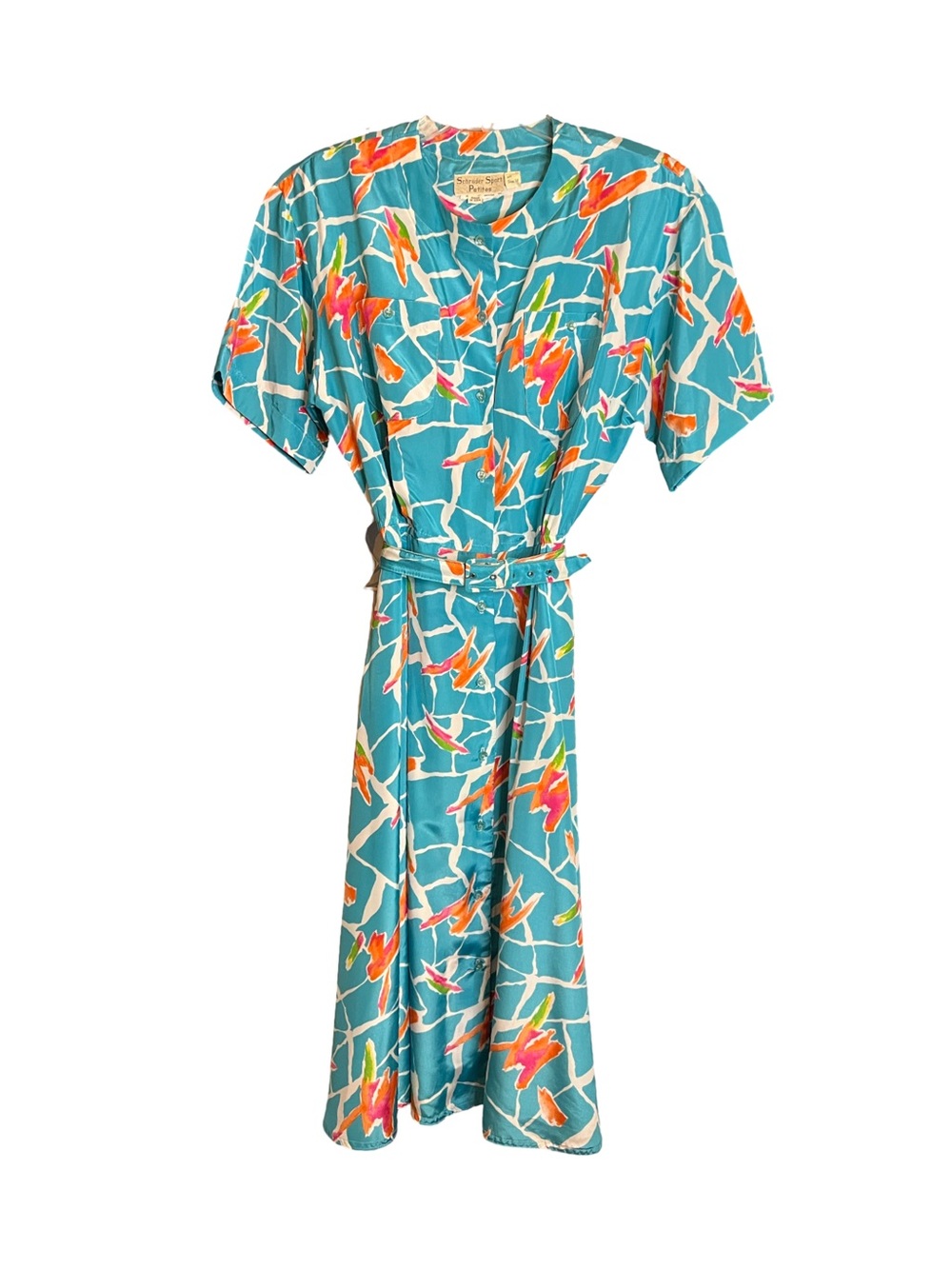 Schrader Sport Petites Turquoise Blue Aqua Orange Green White Belted Dress 14